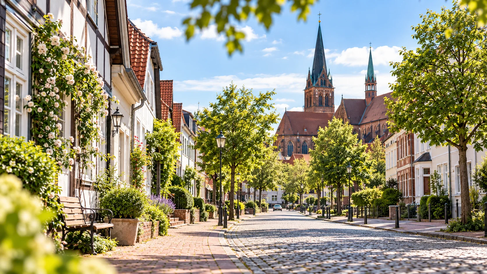 Illustrative historische Stadtstraße mit Fachwerk und Kirchtürmen